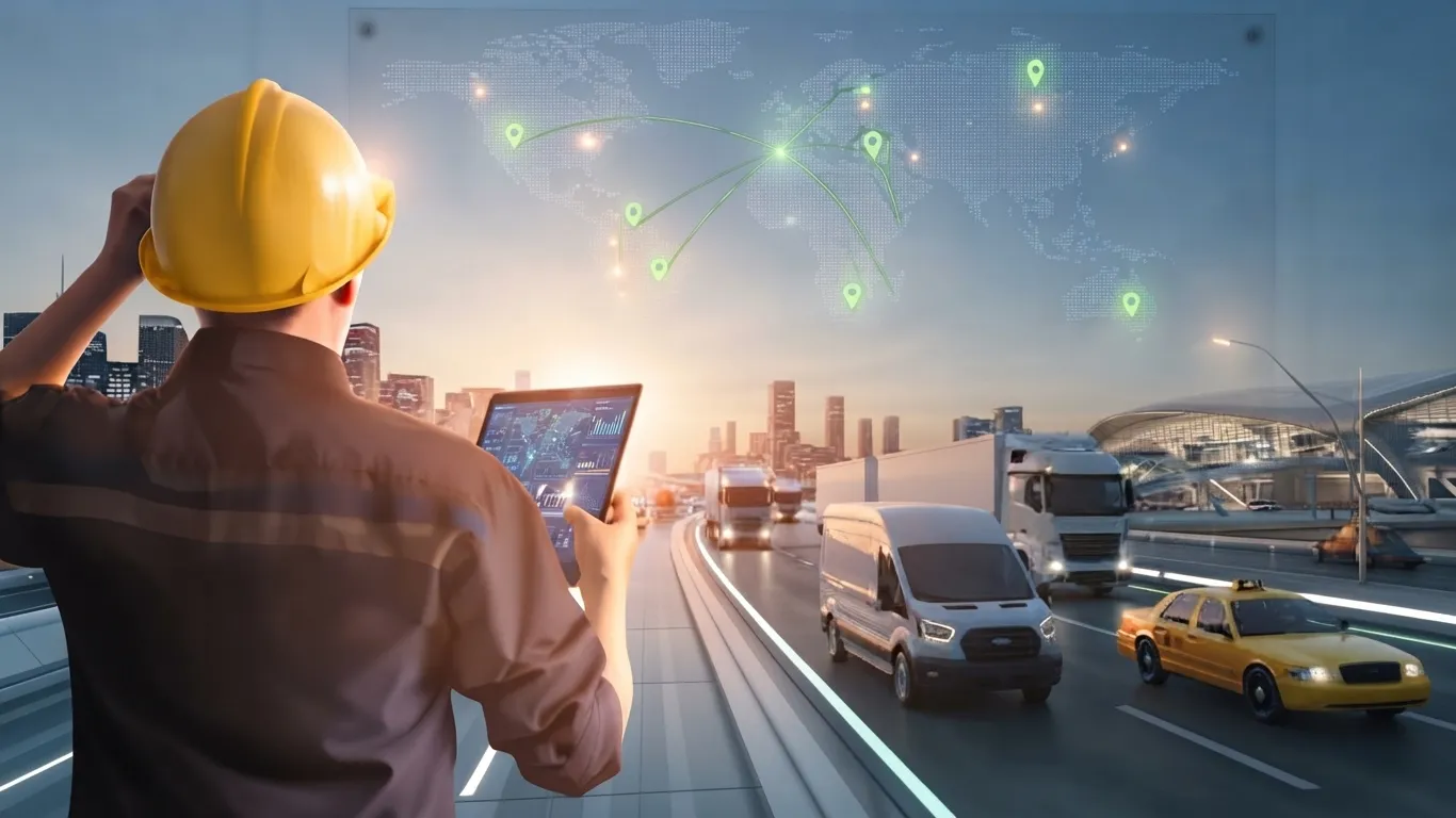 Man with a tablet looking at the cars at the road