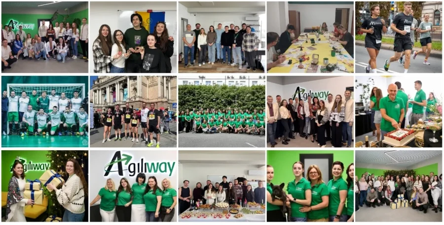 Collage of Agileway team events: group photos, celebrations, meals, and outdoor runs with colleagues in green shirts.