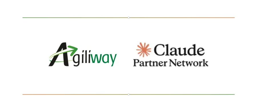 Agiliway and Claude Partner Network logos side by side on a white background, with gradient orange–green decorative lines above and below, signaling a partnership.