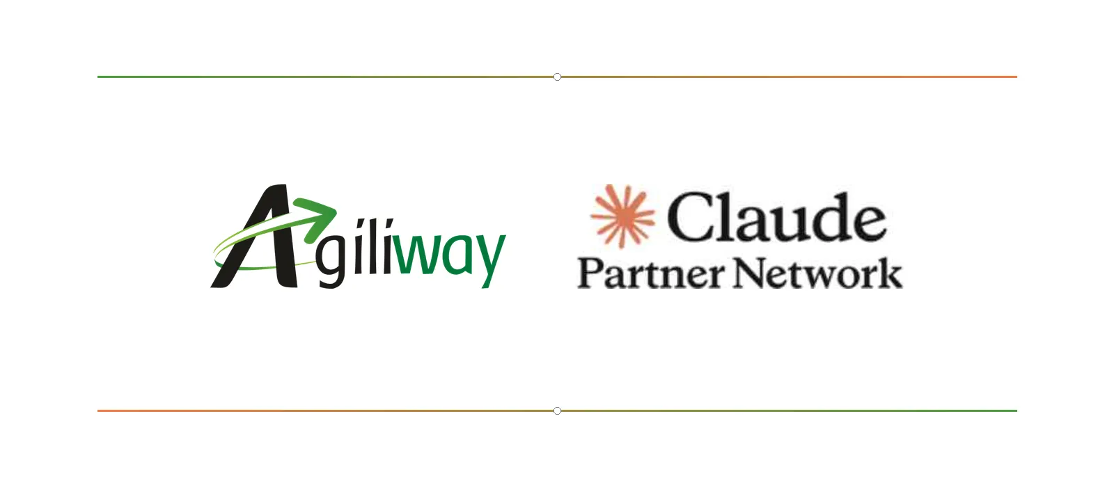 Agiliway and Claude Partner Network logos side by side on a white background, with gradient orange–green decorative lines above and below, signaling a partnership.